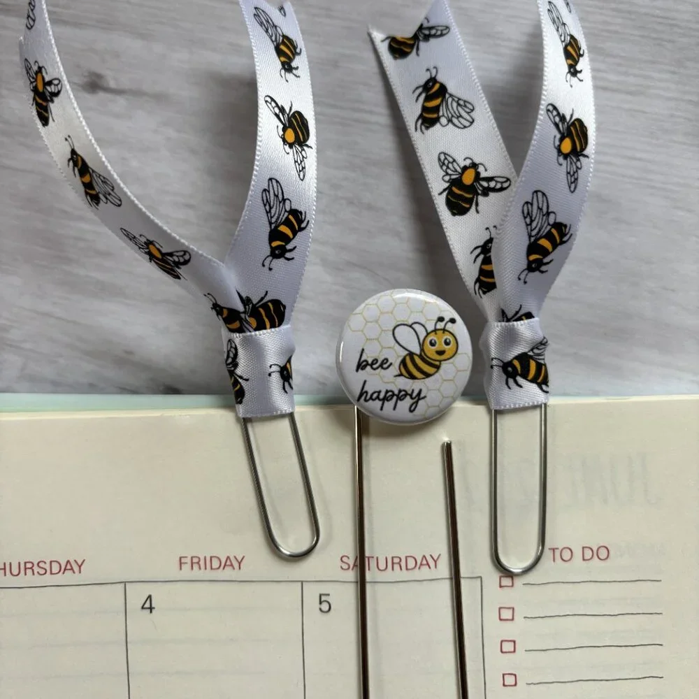 Bee Happy Jumbo Planner Clip Set - Cute Bee Ribbon Paperclips for Planners, Jour